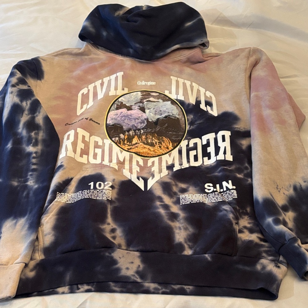 BRAND NEW Civil Regime Tie-Dye Graphic Hoodie - Navy and Tan Size L